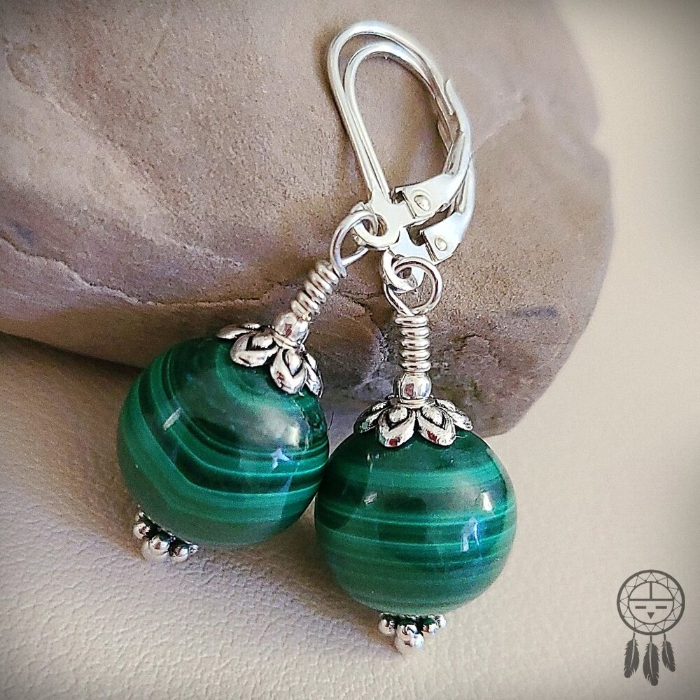 Malachite Gemstone Earrings 925 Sterling Silver Dangles Artisan Handcrafted - Picture 6 of 8